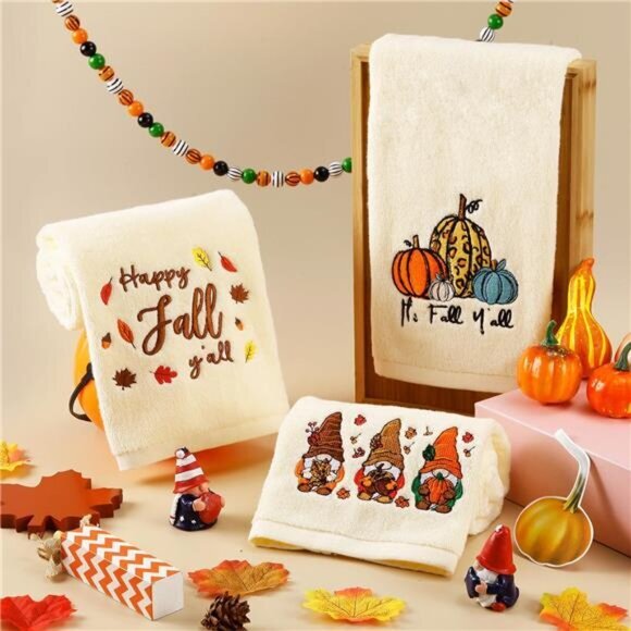3 Pack Happy Fall Hand Towels Autumn‎ Gnomes Pumpkin Thanksgiving Embroidered - Picture 2 of 7